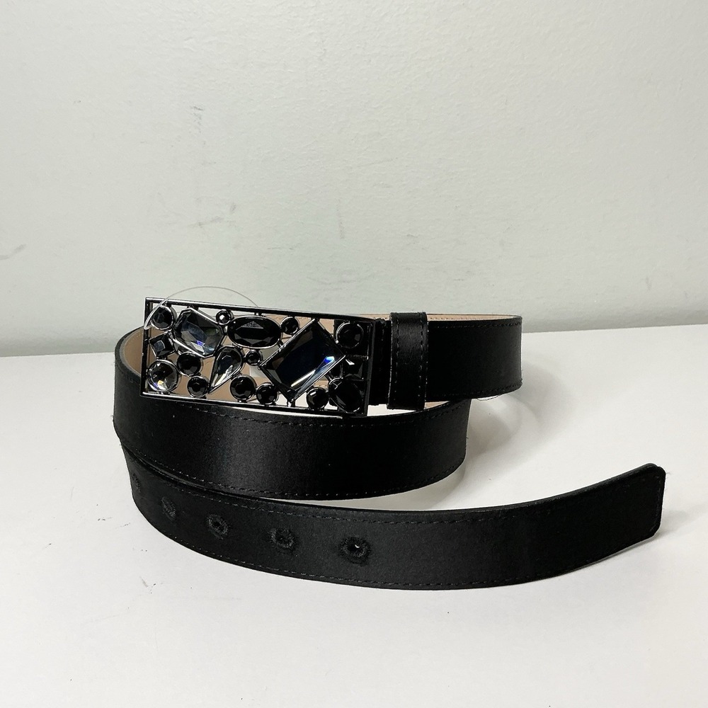 Women's Talbots Black Genuine Leather Rhinestone Buckle belt sz Large Party